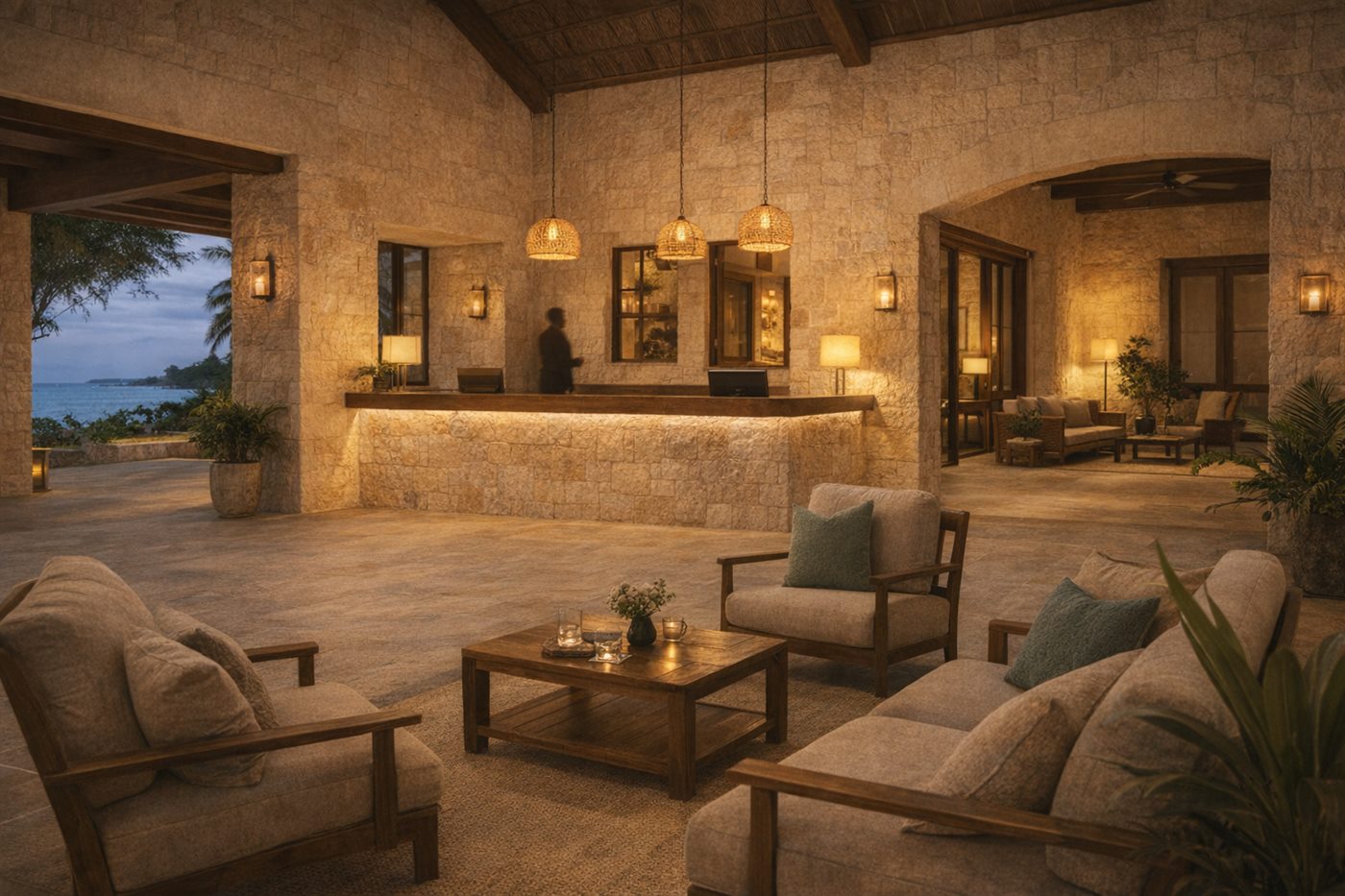 Warm boutique resort arrival lobby and reception space