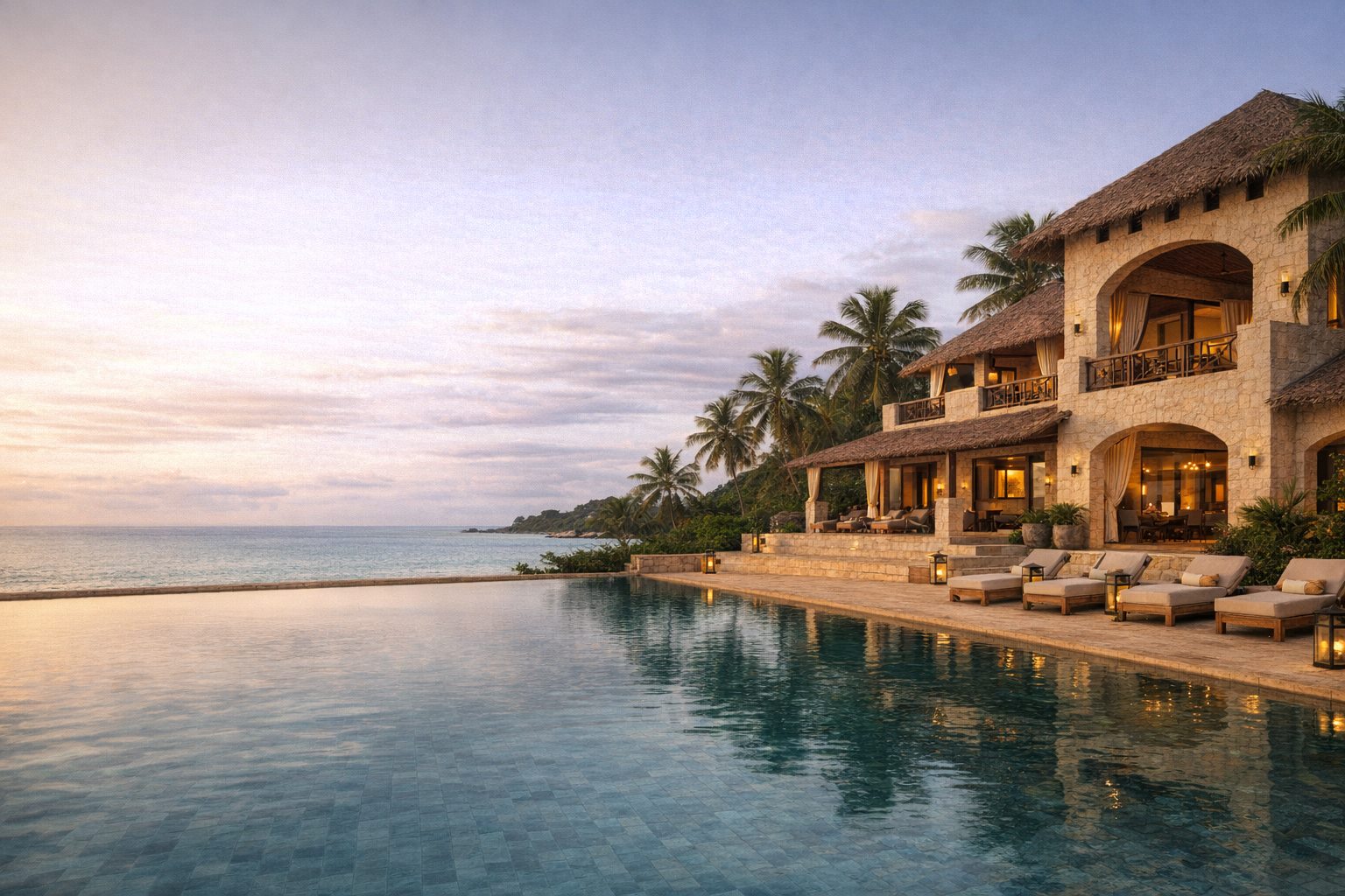 Boutique coastal resort with an infinity pool at sunset