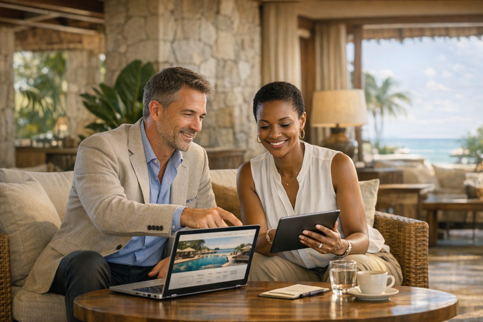 Hospitality consultant reviewing a resort website and booking strategy with a client